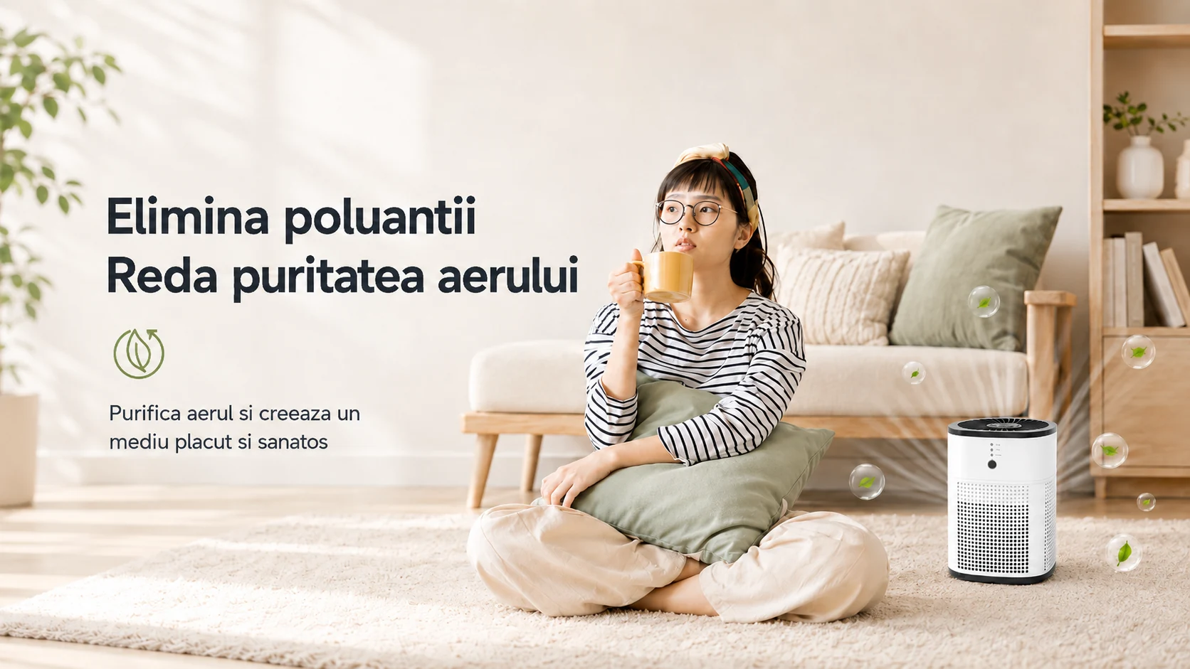 Purificator de aer AirBliss într-un living luminos, pentru eliminarea poluanților și aer mai curat
