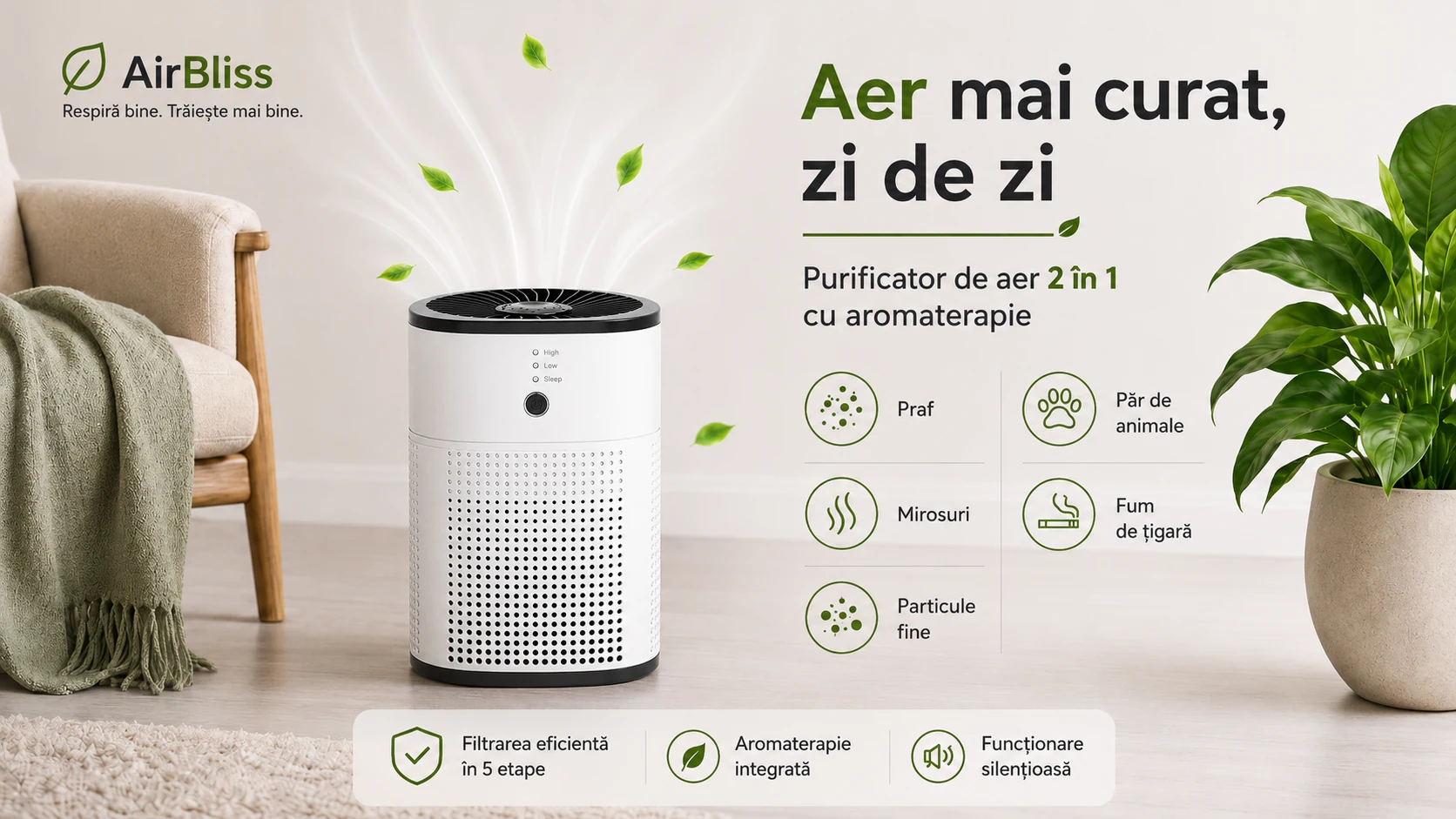 Purificator de aer AirBliss 2 în 1 cu aromaterapie, filtrare eficientă în 5 etape și funcționare silențioasă pentru un aer mai curat zi de zi.