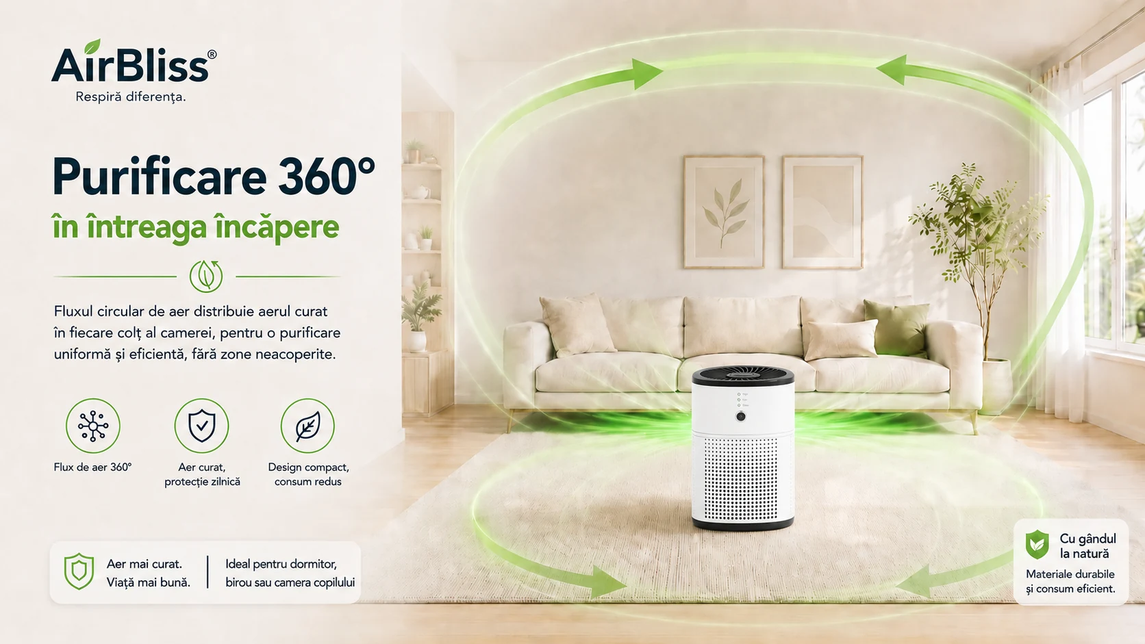 Purificator de aer AirBliss cu purificare 360° pentru întreaga încăpere