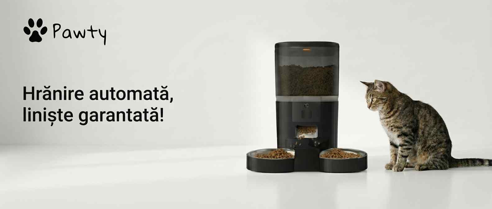 Pisică lângă hrănitor automat Pawty cu bol dublu, pentru hrănire automată a pisicilor