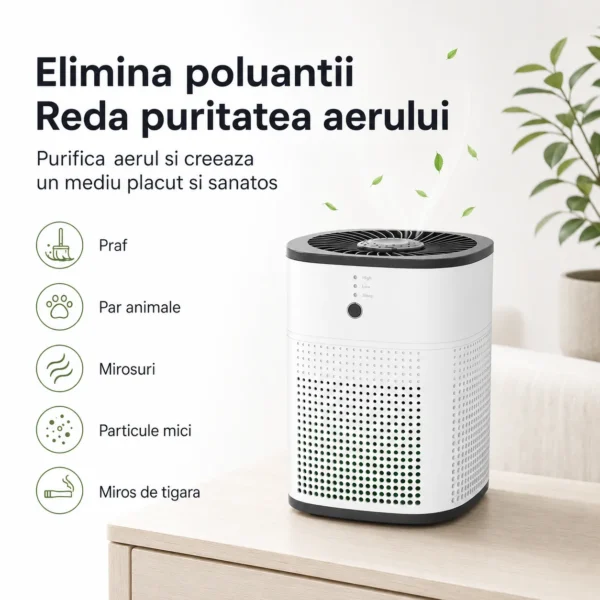 Purificator de aer care ajuta la reducerea prafului, parului de animale, mirosurilor, particulelor mici si mirosului de tigara.