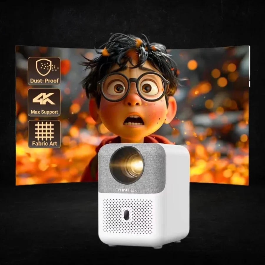 Proiector 4K Byintek cu design modern, protecție la praf și suport rezoluție 4K