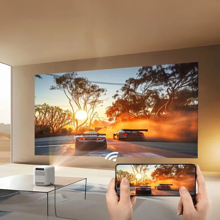 Proiector 4K wireless conectat la telefon, afișând joc video în timp real
