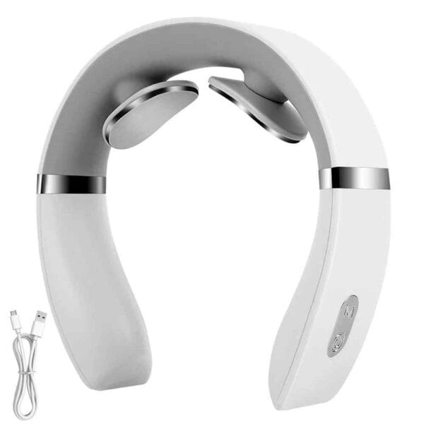 Aparat de masaj cervical pentru gat si umeri, culoare alba, cu electrozi metalici si cablu de incarcare USB inclus.