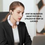 Femeie care lucrează la laptop purtând aparatul de masaj pentru gât și umeri