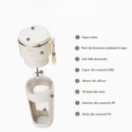 Detaliu al componentelor blenderului portabil CEOOL – capac etanș, port de încărcare USB rezistent la apă, lame din inox, mâner din silicon și pahar din material rezistent PC.