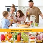 Familie fericită savurând smoothie-uri preparate cu blenderul portabil CEOOL, alături de exemple de băuturi sănătoase: suc de fructe, suc de legume, smoothie, sosuri mixte și milkshake. Promovează un stil de viață sănătos.