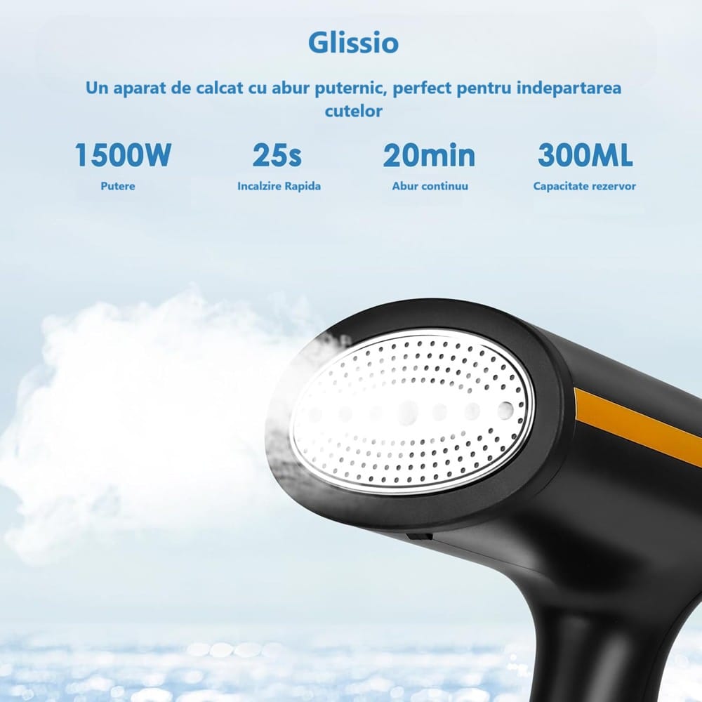 Fier de călcat vertical cu abur Glissio de 1500W, încălzire rapidă în 25 secunde și abur continuu timp de 20 minute, ideal pentru haine și textile fine.