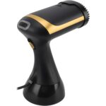 Imagine laterală a fierului de călcat vertical Glissio, cu design ergonomic și accente aurii elegante.