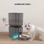 Hrănitor automat PAWTY® cu alimentare dublă, prin cablu USB-C sau 4 baterii AA. Asigură funcționare continuă în orice situație.