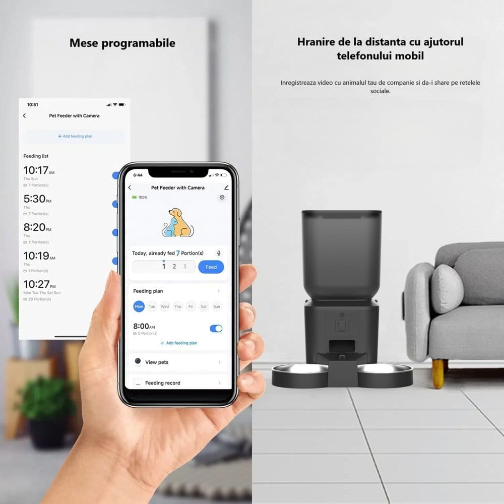 Hranitor Automat Smart 7L Pawty® Dual Bowl cu Camera 4 Aplicație mobilă de programare a meselor pentru hrănitorul automat PAWTY®; permite setarea orarului și monitorizarea video a hrănirii.