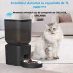 Hrănitor automat PAWTY® de 7 L folosit pentru hrănirea pisicilor și câinilor, cu funcție Wi-Fi și detectare automată a alimentării.