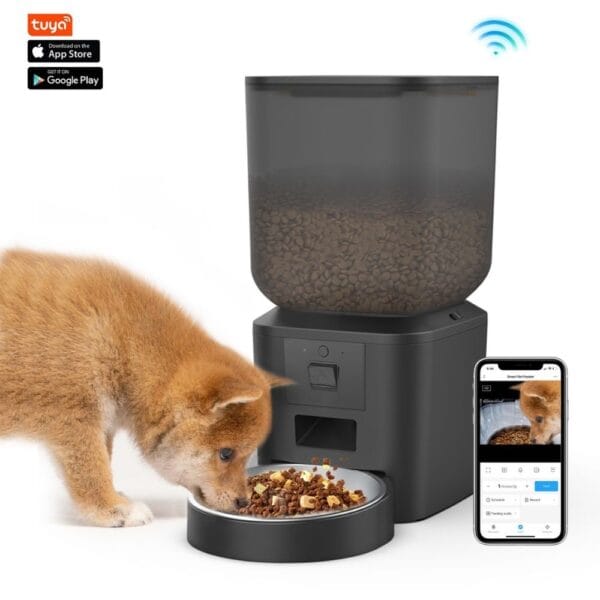 Pawty hranitor automat compatibil cu aplicația Tuya Smart, ce permite controlul hrănirii și vizualizarea live direct pe telefon.