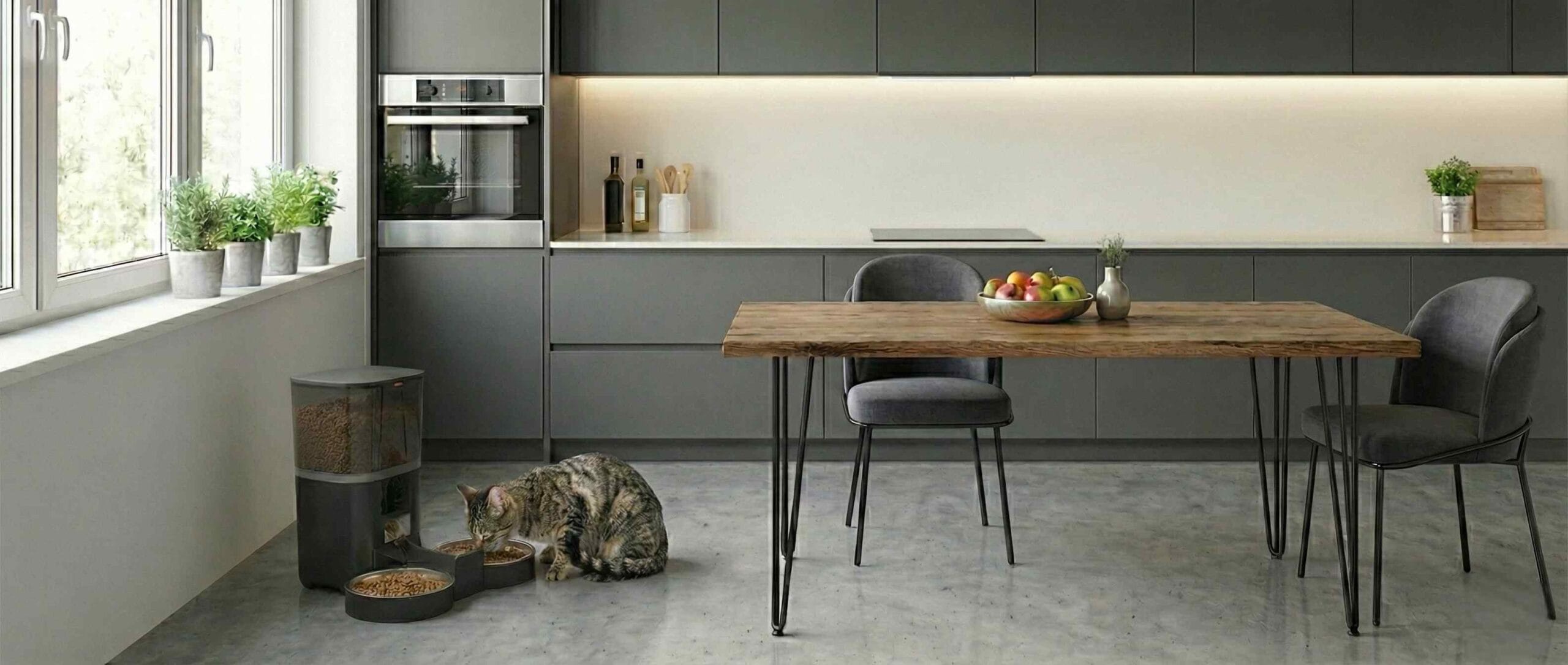 Pisică mâncând din hrănitor automat pentru pisici cu bol dublu, într-o bucătărie modernă