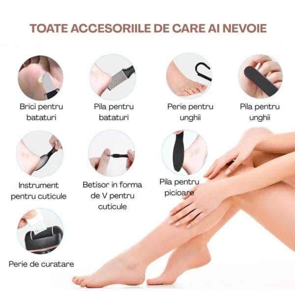 Toate accesoriile necesare pentru pedichiură acasă: pile, perii, brici, bețișor pentru cuticule și instrumente de curățare.