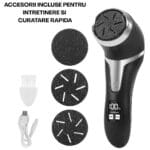 Set de accesorii pentru pilă electrică de călcâie – capete abrazive de rezervă, perie de curățare și cablu USB – pentru întreținere rapidă și eficientă.