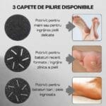 Trei capete de pilire pentru nevoi diferite – piele fină, bătături recente și piele groasă – pentru o îngrijire completă și eficientă a picioarelor.