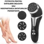 Pilă electrică multifuncțională potrivită pentru exfoliere delicată sau îndepărtarea bătăturilor persistente. Include capete abrazive interschimbabile pentru diferite tipuri de piele.