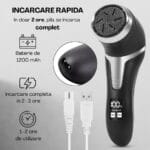 Pilă electrică cu baterie de 1200 mAh și încărcare completă în aproximativ 2 ore prin USB, oferind 1–2 ore de utilizare continuă pentru îngrijirea picioarelor.