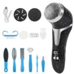 Set complet de pilă electrică pentru călcâie cu accesorii multiple – capete de pilire interschimbabile, perie, cablu USB și design ergonomic rezistent la apă. Ideală pentru exfoliere și îngrijirea picioarelor.