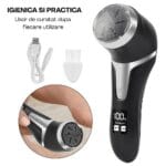 Pilă electrică igienică și practică, ușor de curățat după fiecare utilizare datorită capetelor detașabile și periei incluse pentru întreținere.