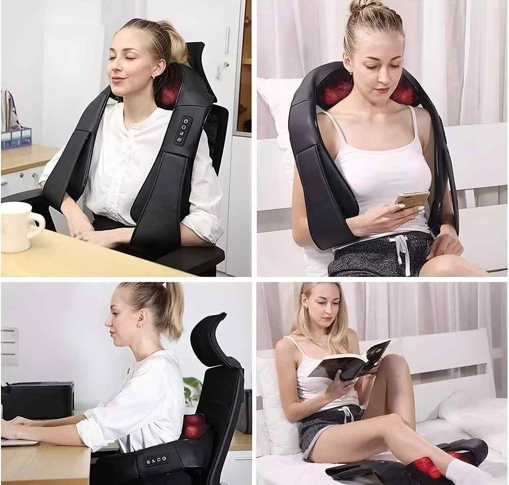 Femeie folosind aparatul de masaj pentru gât și umeri acasă și la birou, în timp ce lucrează sau se relaxează.