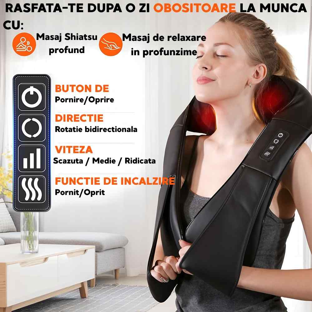 Aparat de masaj Shiatsu pentru gât și umeri, cu 3 viteze, rotație bidirecțională și funcție de încălzire.