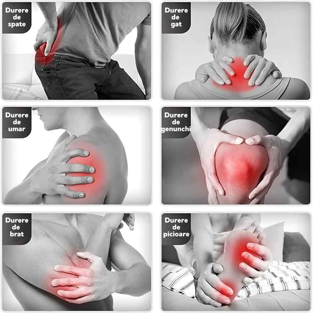 Zone de durere la spate, gât, umeri, genunchi, brațe și picioare ce pot fi ameliorate cu aparatul de masaj.