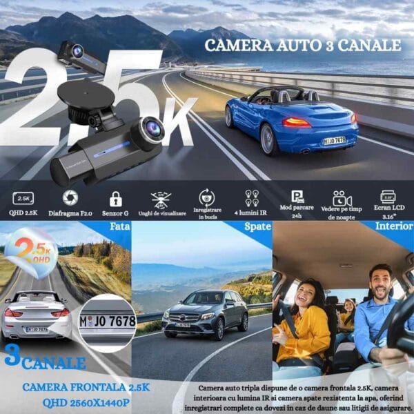 Colaj cu cameră auto triplă 3 canale 2.5K QHD, mașină decapotabilă pe șosea și pictograme pentru diafragmă F2.0, senzor G, înregistrare în buclă, lumină IR, mod parcare 24h și ecran LCD.