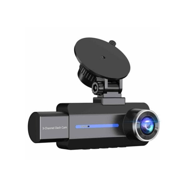 Vedere de aproape a camerei auto DVR cu 3 canale, obiectiv wide și suport cu ventuză pentru montare ușoară pe parbriz.