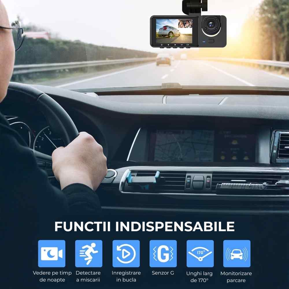 Camera tripla de bord Trevix® HD (720p) 1 Cameră auto triplă montată pe parbriz, afișând imaginea drumului pe ecranul LCD