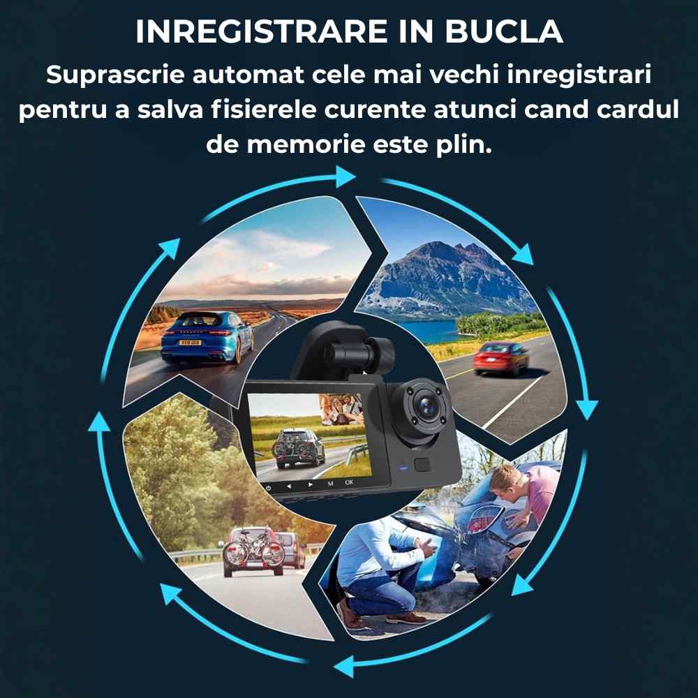 Camera tripla de bord Trevix® HD (720p) 3 Funcție de înregistrare în buclă a camerei auto triple cu imagini din trafic și călătorii