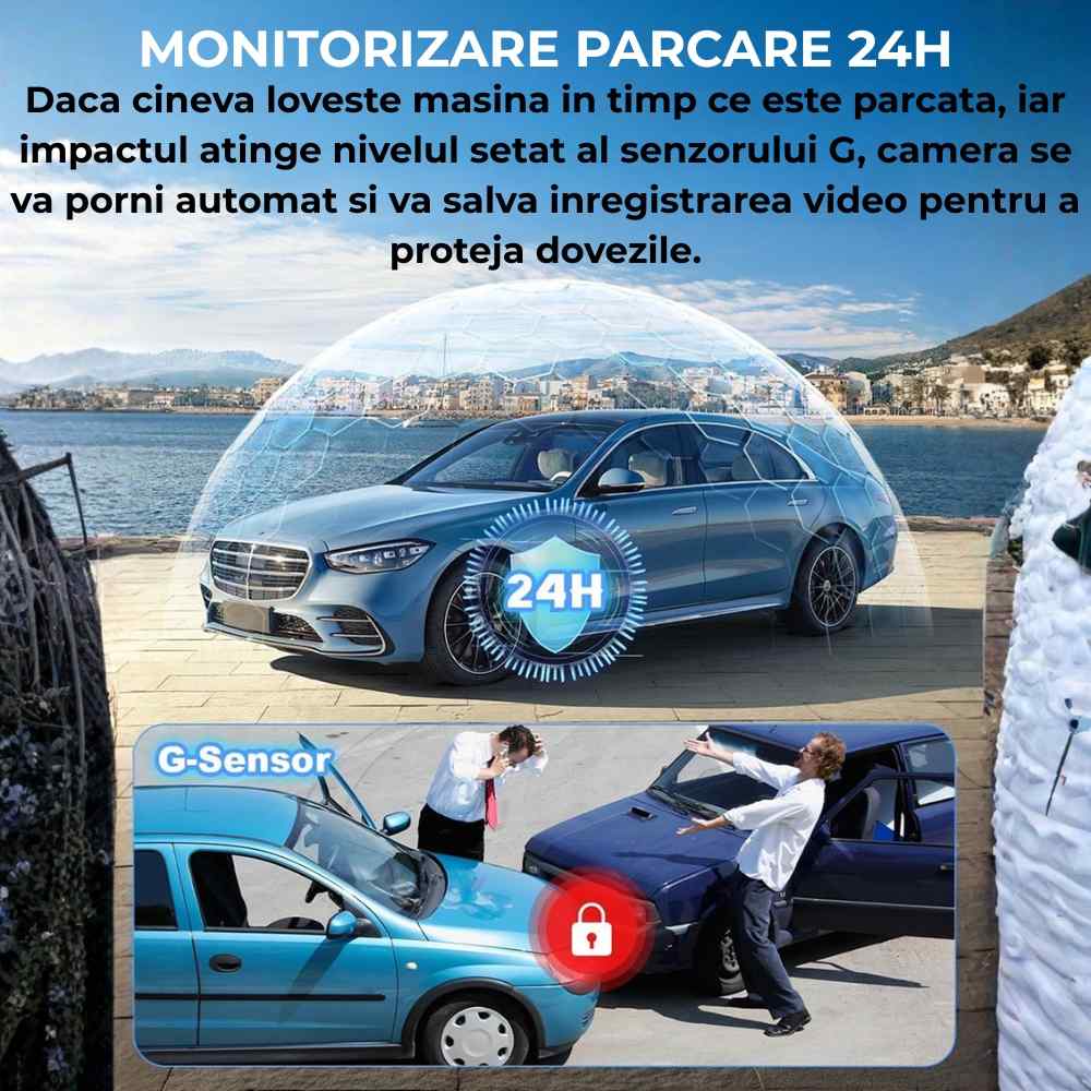 Camera tripla de bord Trevix® HD (720p) 4 Monitorizare parcare 24H cu senzor G pentru cameră auto triplă, protecție la lovire în parcare