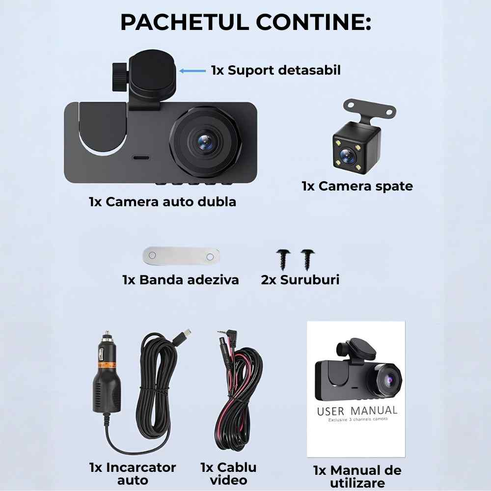 Camera tripla de bord Trevix® HD (720p) 6 Conținut pachet cameră auto triplă: cameră față+interior, cameră spate, cabluri și accesorii
