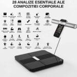 Cântar pentru analiza compoziției corporale care măsoară 28 de parametri, inclusiv BMI, masă musculară, grăsime viscerală și rată metabolică bazală.