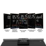 Ecran cântar analiză compoziție corporală cu 8 electrozi, diferite moduri de afișaj: identificare automată a utilizatorului, mod pentru femei însărcinate și confirmare încărcare cu succes.