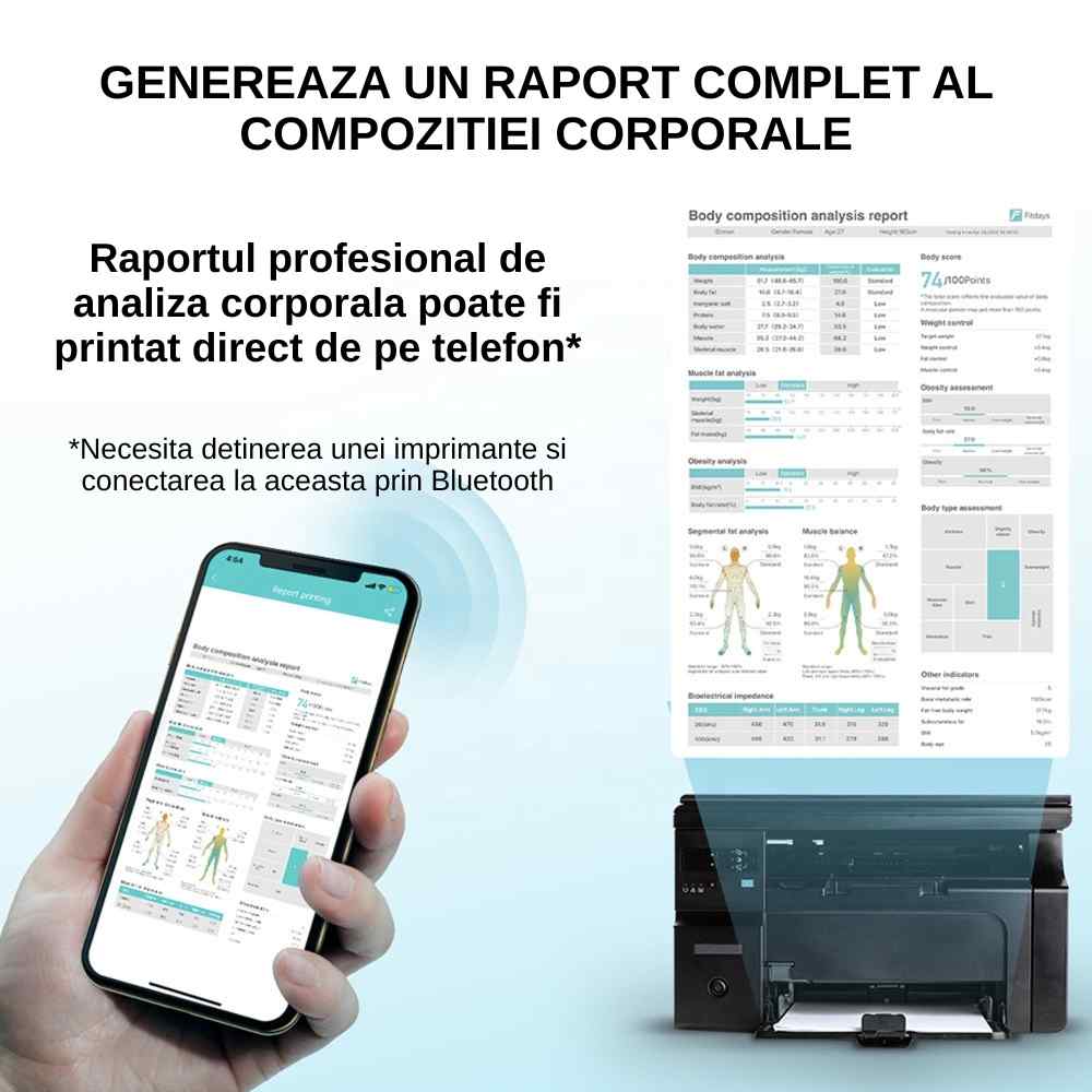 Aplicație mobilă pentru cântar de compoziție corporală cu 8 electrozi, generare raport profesional și opțiune de printare prin Bluetooth.