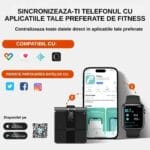 Cântar inteligent pentru compoziția corporală cu 8 electrozi, sincronizat cu aplicații de fitness și ceasuri smart prin Bluetooth.
