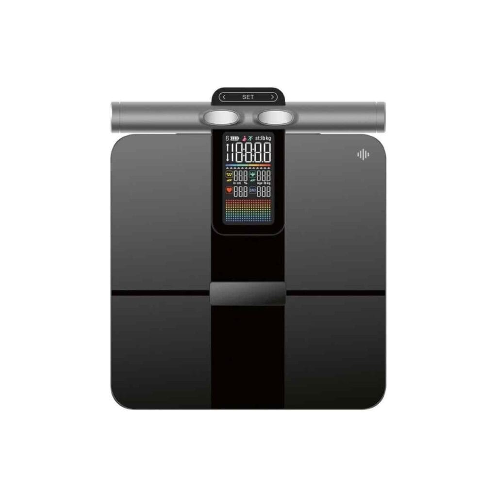 Acasă 12 Cântar pentru compoziția corporală cu 8 electrozi, vedere frontală cu mâner și ecran digital color