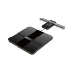 Cântar de analiză corporală cu platformă din sticlă neagră și mâner cu cablu retractabil, vedere laterală.