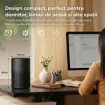 Purificator de aer AirBliss pe birou, design compact 29 cm înălțime, timer 4/8/12 ore, 4 trepte de viteză și indicator filtru.