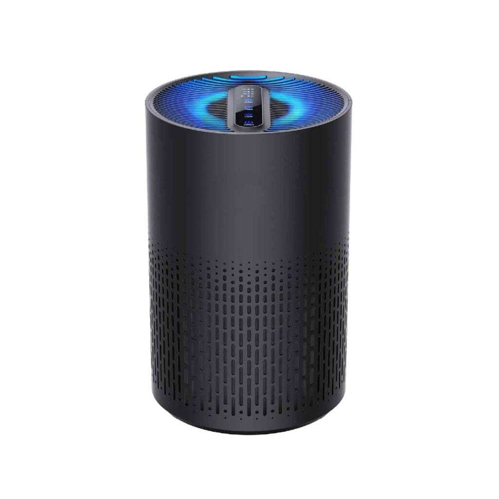 Purificator de aer AirBliss, model cilindric negru, fotografie de produs pe fundal alb.