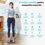 Femeie stand pe cantar inteligent FitVibe cu afisate cele 17 analize esentiale pentru compozitia corporala
