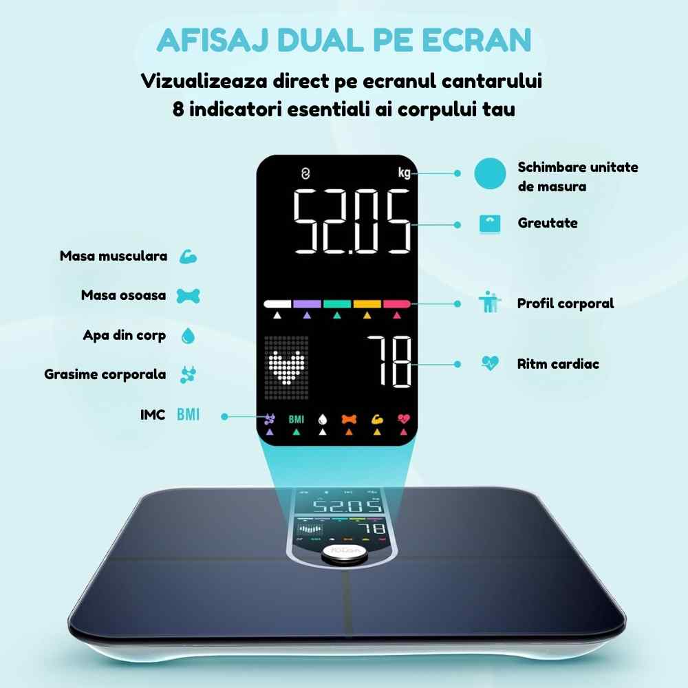 Afisaj dual pe cantar inteligent FitVibe cu greutate, BMI si indicatori esentiali ai corpului