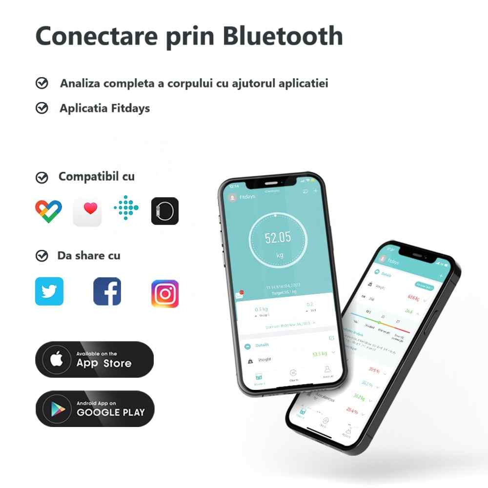 Cantar corporal smart FitVibe® 4 Cantar inteligent FitVibe conectat prin Bluetooth la aplicatia Fitdays si compatibil cu principalele aplicatii health