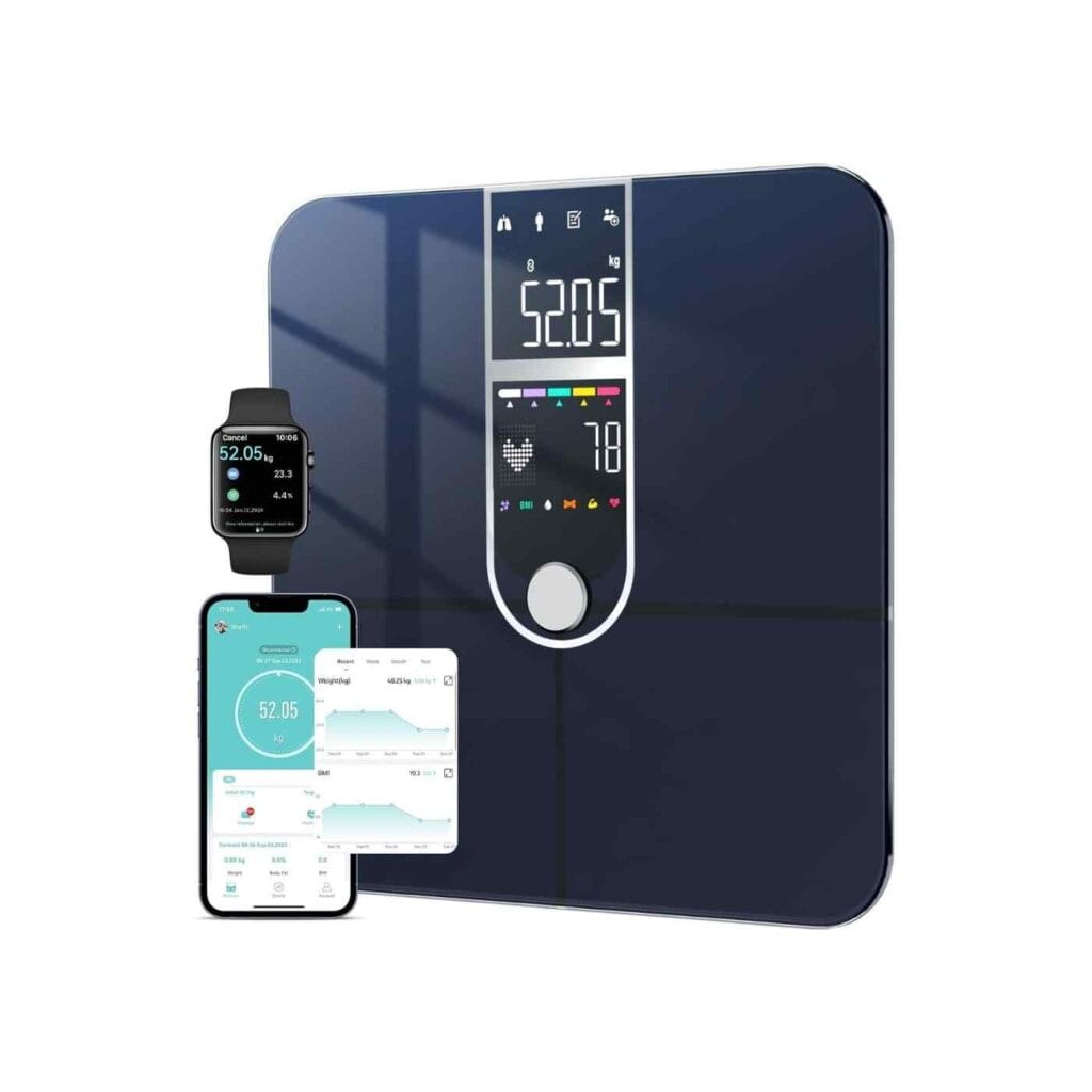 Cantar inteligent FitVibe conectat prin Bluetooth la aplicatia Fitdays pe telefon si smartwatch pentru monitorizarea greutatii