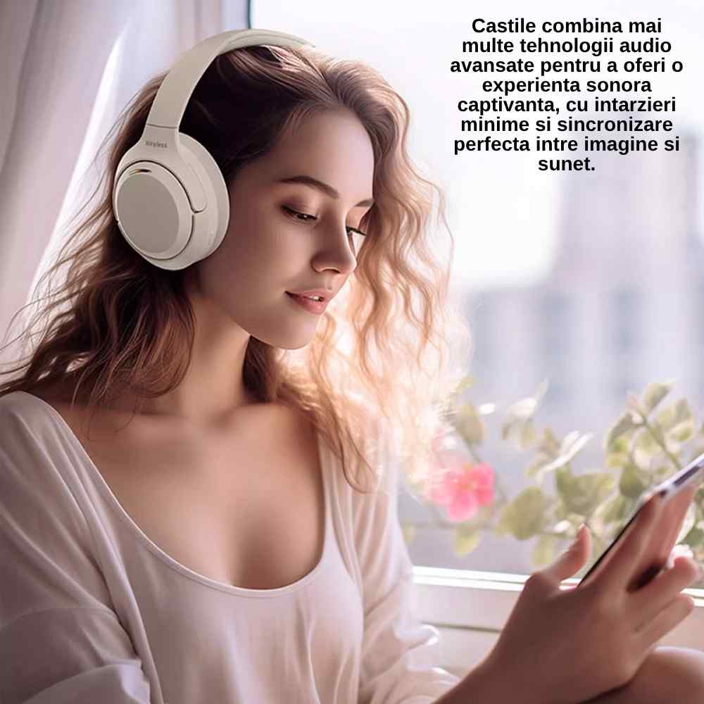 Casti gaming wireless Trevix în utilizare pe telefon, pentru sunet captivant și sincronizare bună imagine-sunet