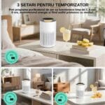 Colaj cu purificatorul de aer Airbliss în dormitor și living, pictograme pentru temporizator de 2, 4 și 8 ore