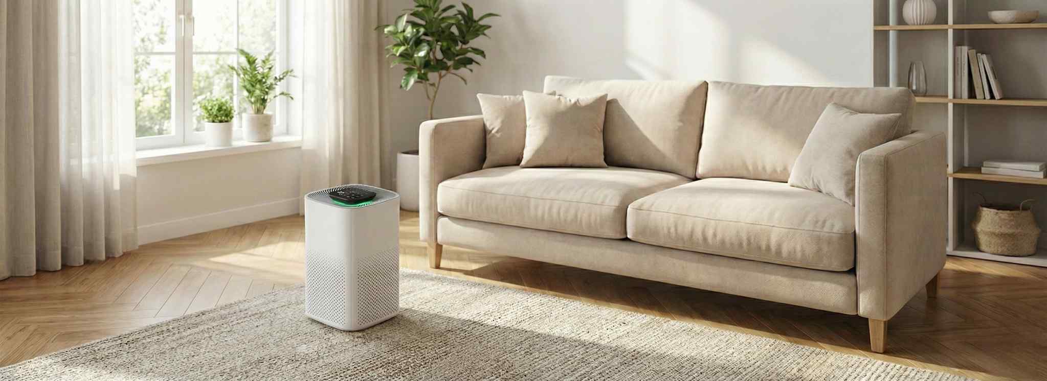 Purificator de aer AirBliss într-un living luminos, lângă canapea, pe covor, pentru aer curat în camera de zi.