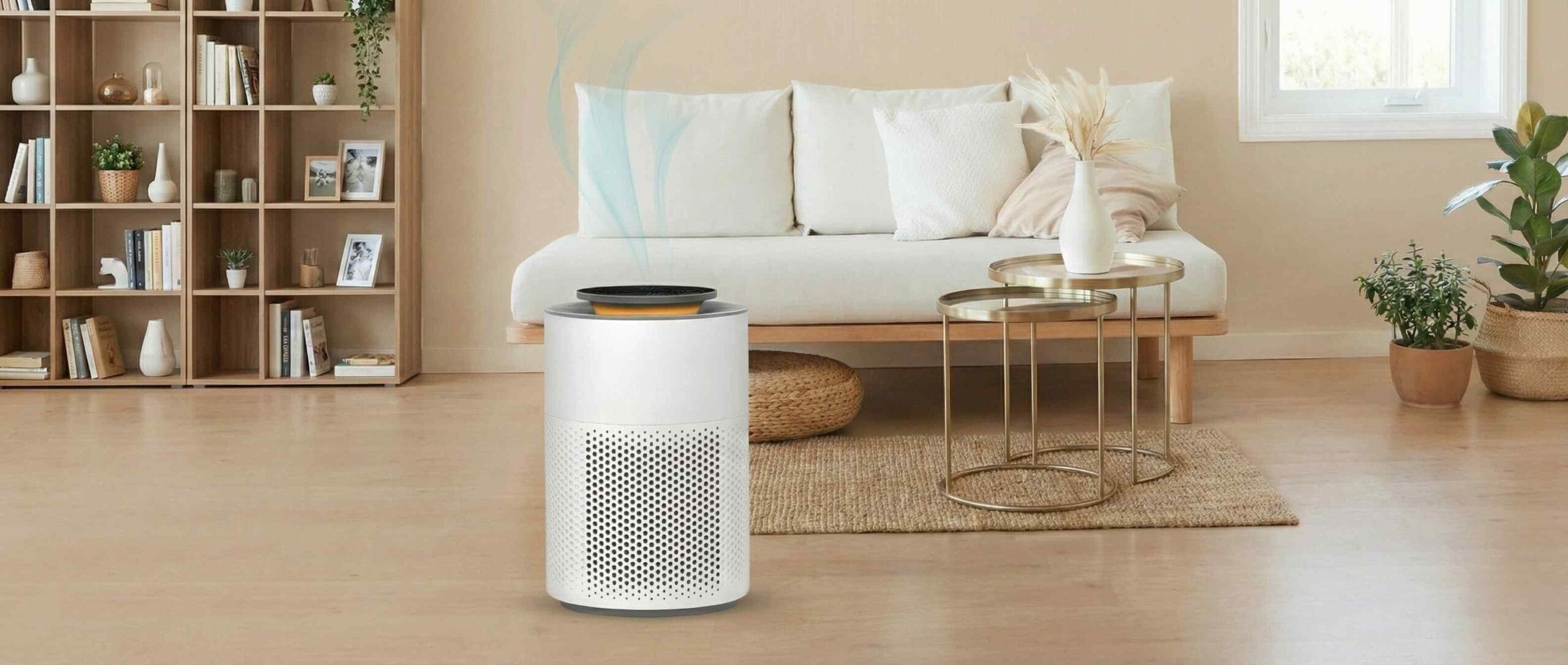 Purificator de aer AirBliss plasat în mijlocul unui living modern, luminos, cu canapea bej, măsuțe metalice și plante decorative